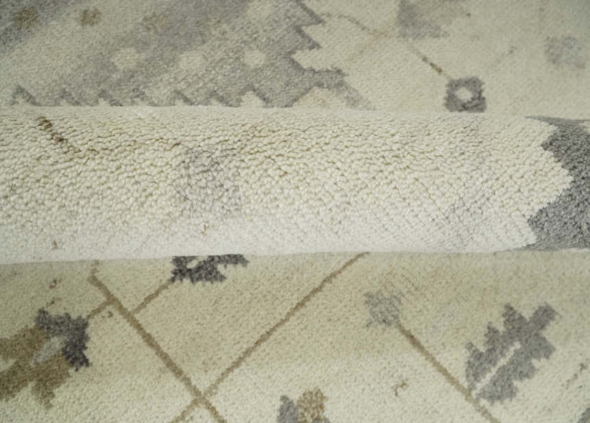 Custom Made Hand Knotted Ivory and Charcoal Traditional Tribal Natural Wool Area Rug, Kids, Living Room and Bedroom Rug