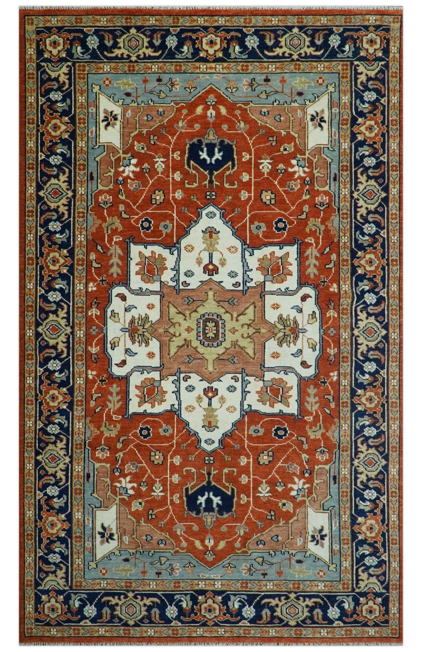 Hand Knotted Ivory, Blue and Rust Modern Traditional Heriz Serapi Multi Size Wool Area Rug