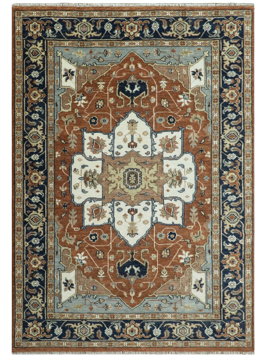 Hand Knotted Ivory, Blue and Rust Modern Traditional Heriz Serapi Multi Size Wool Area Rug