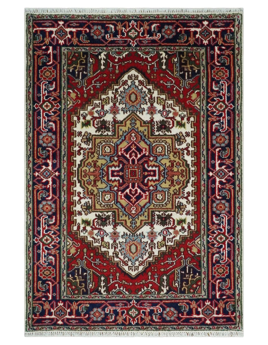 Hand Knotted Ivory, Brown and Blue Traditional Antique Style Wool Area Rug