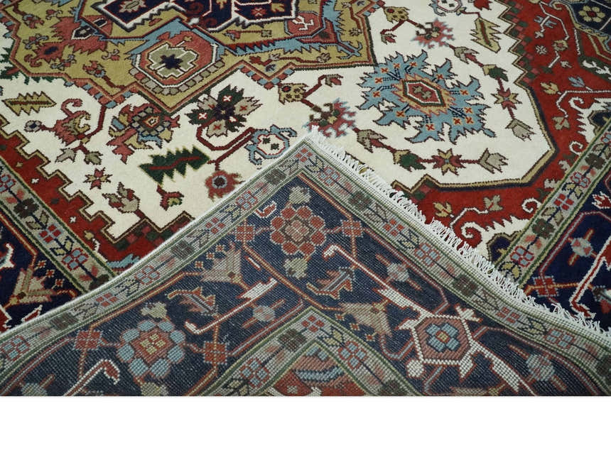 Hand Knotted Ivory, Brown and Blue Traditional Antique Style Wool Area Rug