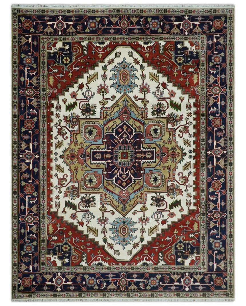 Hand Knotted Ivory, Brown and Blue Traditional Antique Style Wool Area Rug