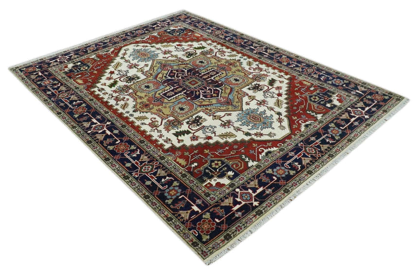 Hand Knotted Ivory, Brown and Blue Traditional Antique Style Wool Area Rug