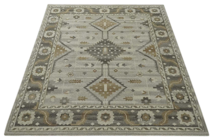 Hand Knotted Ivory, Charcoal and Beige Traditional Floral Multi Size Wool Area Rug