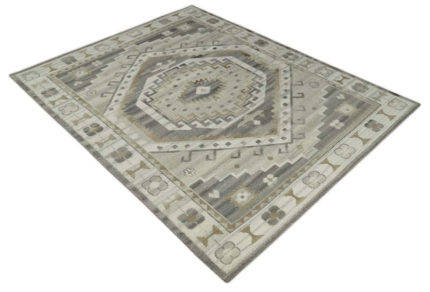 Hand Knotted Ivory, Charcoal and Beige Traditional Medallion Natural Wool Custom Made Area Rug, Kids, Living Room and Bedroom Rug