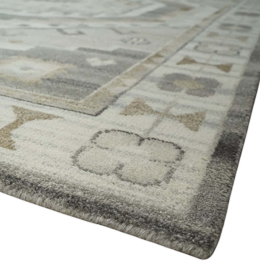 Hand Knotted Ivory, Charcoal and Beige Traditional Medallion Natural Wool Custom Made Area Rug, Kids, Living Room and Bedroom Rug
