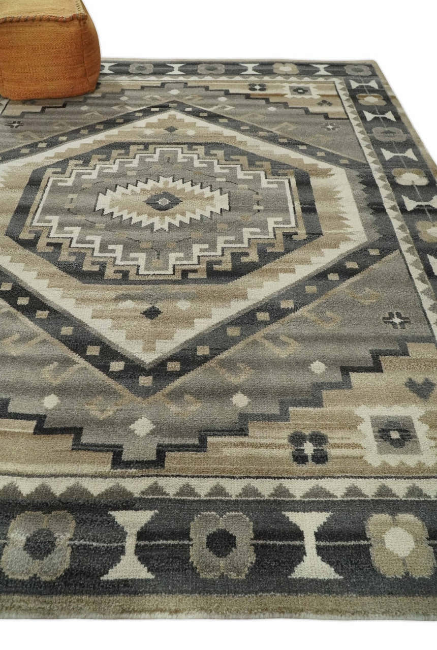 Hand Knotted Ivory, Charcoal and Beige Traditional Medallion Natural Wool Multi Size Area Rug, Kids, Living Room and Bedroom Rug