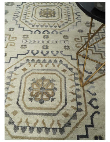 Hand Knotted Ivory, Gray and Beige Traditional Medallion Natural Wool Custom Made Area Rug, Kids, Living Room and Bedroom Rug