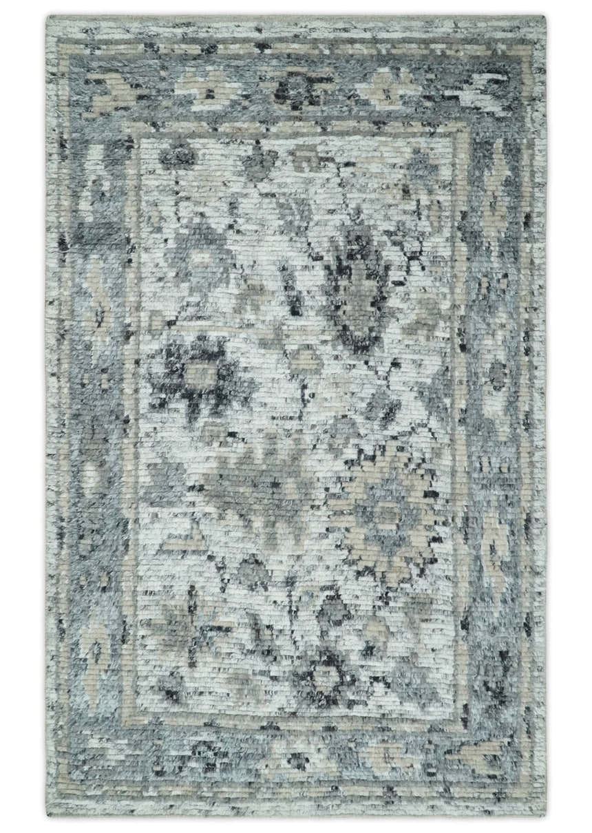 Hand Knotted Ivory, Silver and Beige Traditional Made with Blended Wool Multi Size Rug
