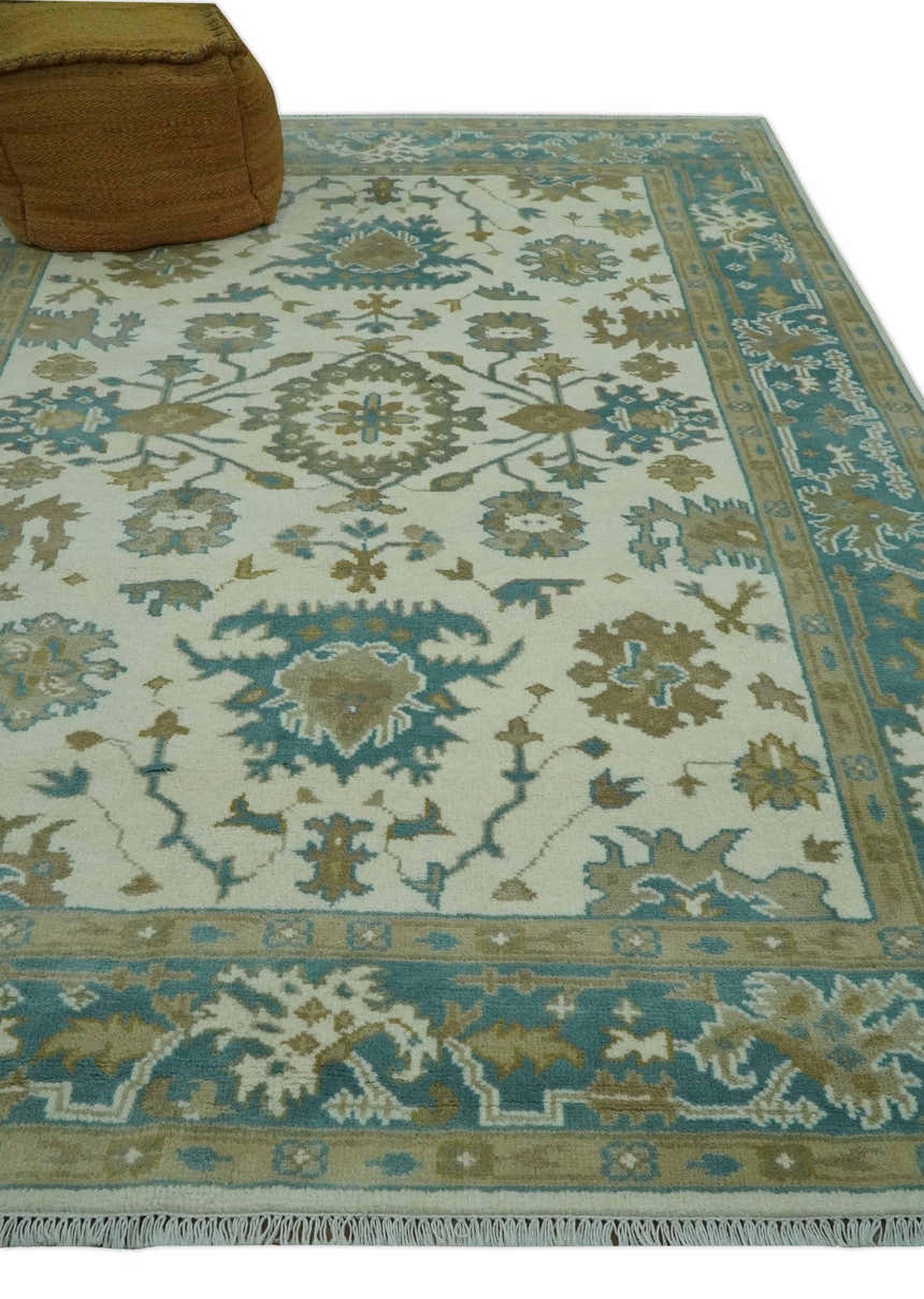 Hand Knotted Ivory, Teal and Beige Traditional Oriental Oushak Multi Size wool rug