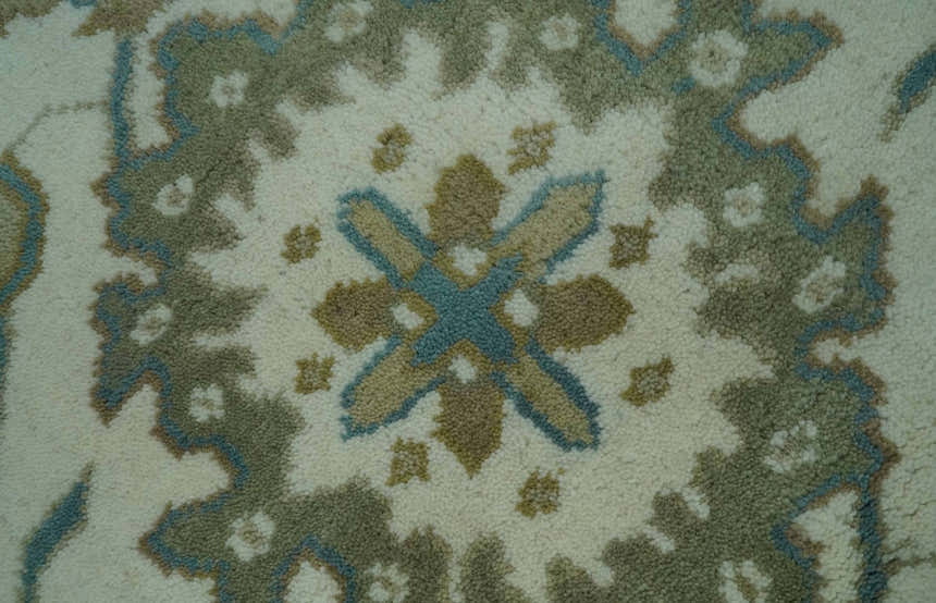 Hand Knotted Ivory, Teal and Beige Traditional Oriental Oushak Multi Size wool rug