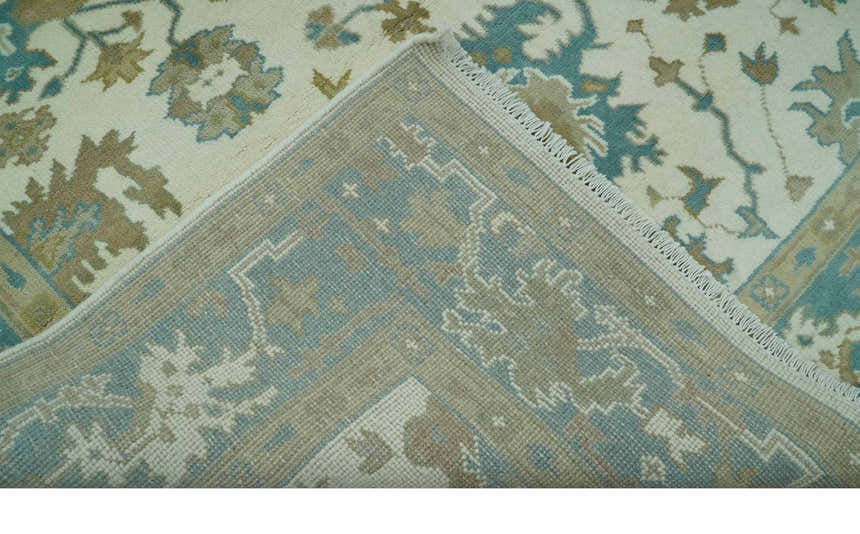 Hand Knotted Ivory, Teal and Beige Traditional Oriental Oushak Multi Size wool rug