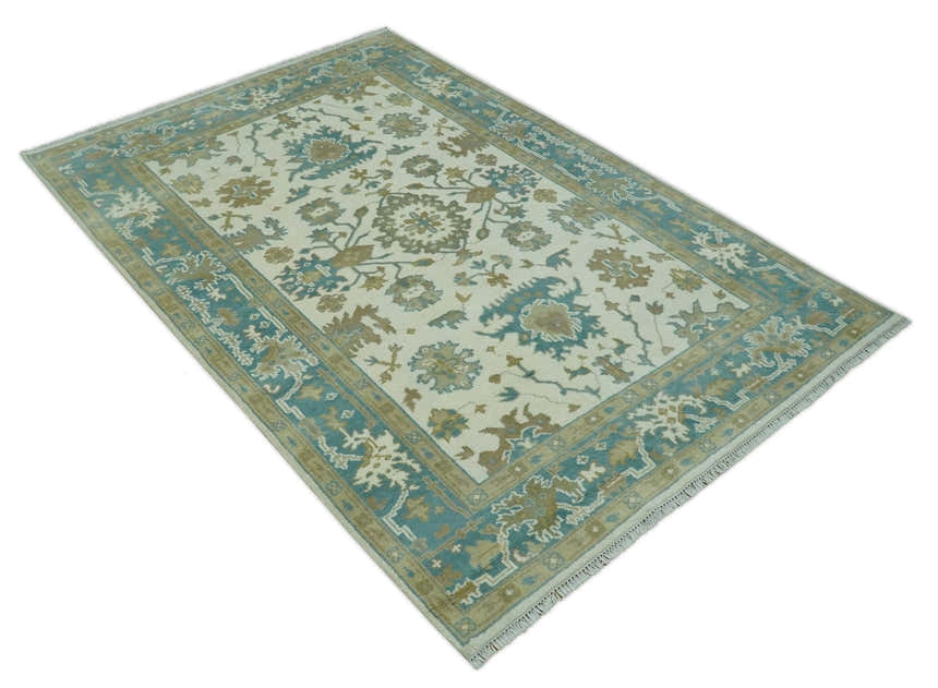 Hand Knotted Ivory, Teal and Beige Traditional Oriental Oushak Multi Size wool rug