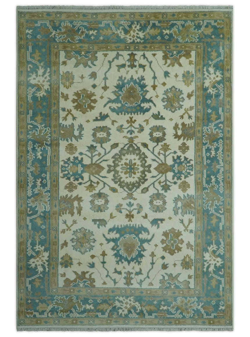 Hand Knotted Ivory, Teal and Beige Traditional Oriental Oushak Multi Size wool rug