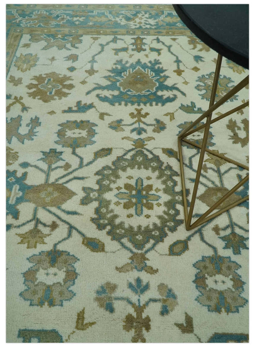 Hand Knotted Ivory, Teal and Beige Traditional Oriental Oushak Multi Size wool rug
