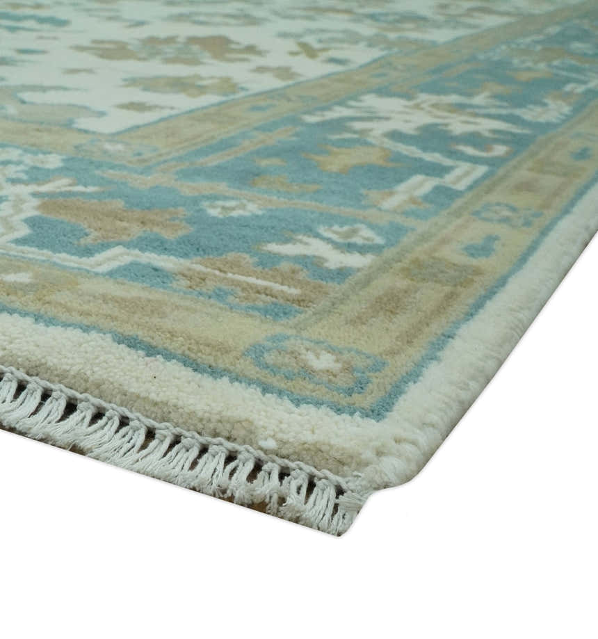 Hand Knotted Ivory, Teal and Beige Traditional Oriental Oushak Multi Size wool rug