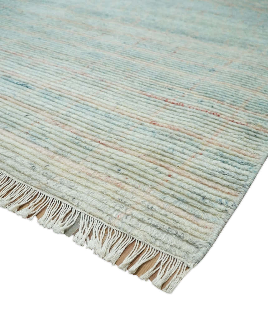 Hand Knotted Modern Abstract Blue and Peach Trellis Moroccan Made with Blended Wool Multi Size Area Rug
