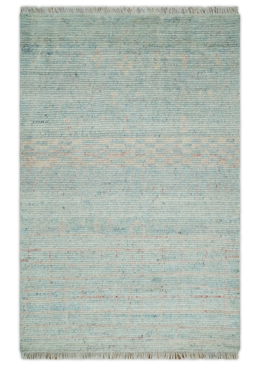 Hand Knotted Modern Abstract Blue and Peach Trellis Moroccan Made with Blended Wool Multi Size Area Rug