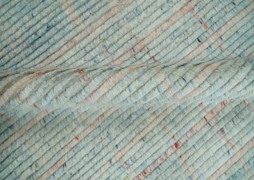 Hand Knotted Modern Abstract Blue and Peach Trellis Moroccan Made with Blended Wool Multi Size Area Rug