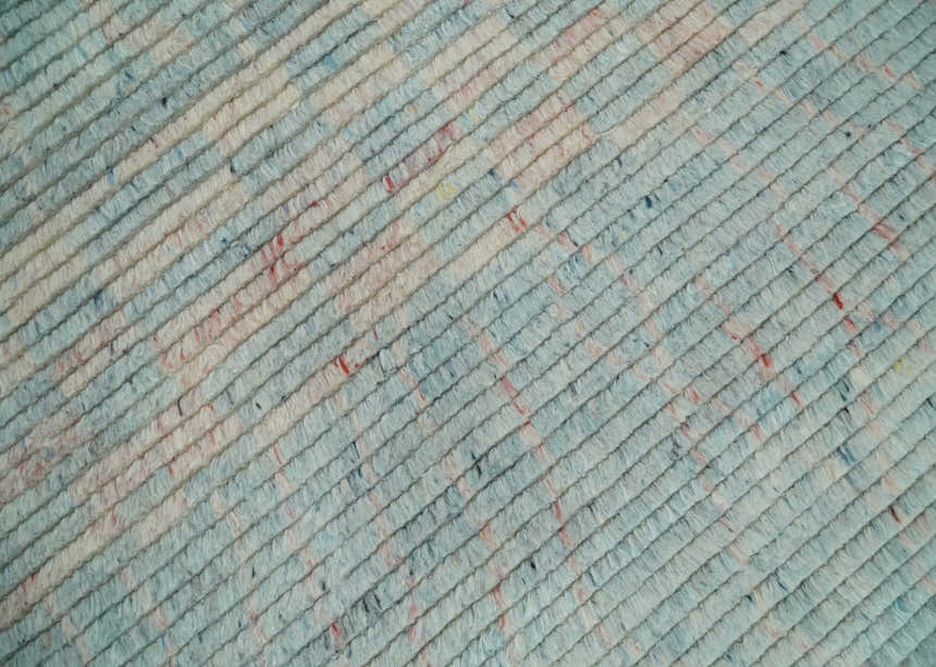 Hand Knotted Modern Abstract Blue and Peach Trellis Moroccan Made with Blended Wool Multi Size Area Rug