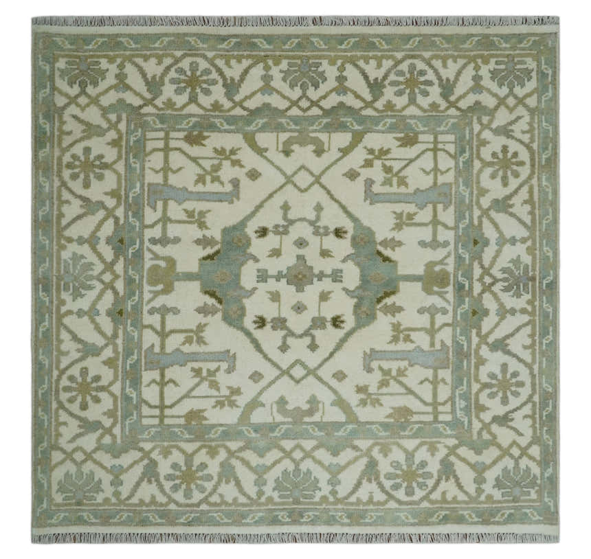Hand Knotted Oriental Oushak Ivory and Teal Wool Area Rug