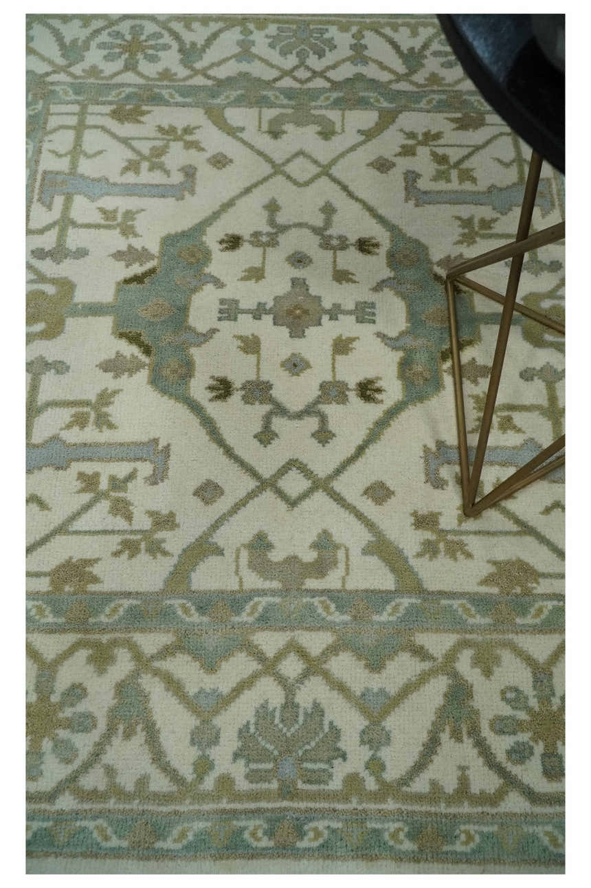 Hand Knotted Oriental Oushak Ivory and Teal Wool Area Rug