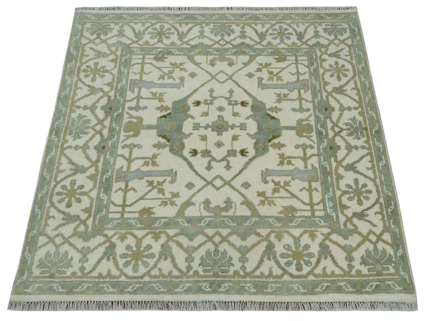 Hand Knotted Oriental Oushak Ivory and Teal Wool Area Rug
