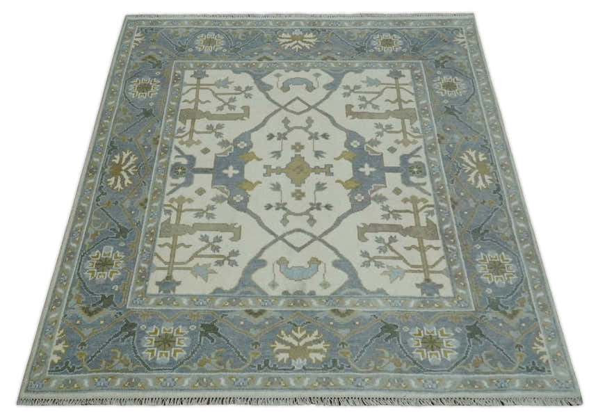 Hand Knotted Oriental Oushak Ivory, Charcoal and Beige Wool Area Rug