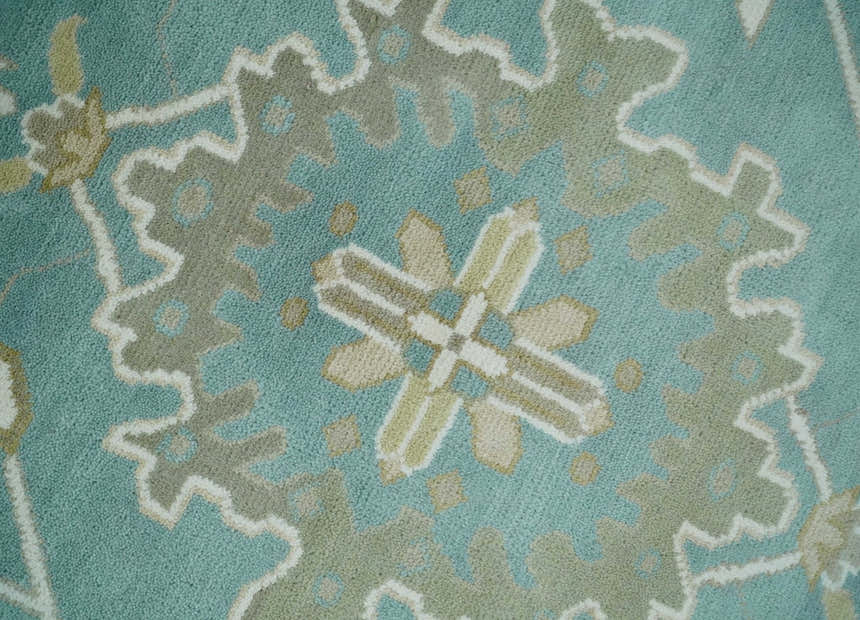 Hand Knotted Oriental Oushak Teal, Ivory and Beige Wool Area Rug