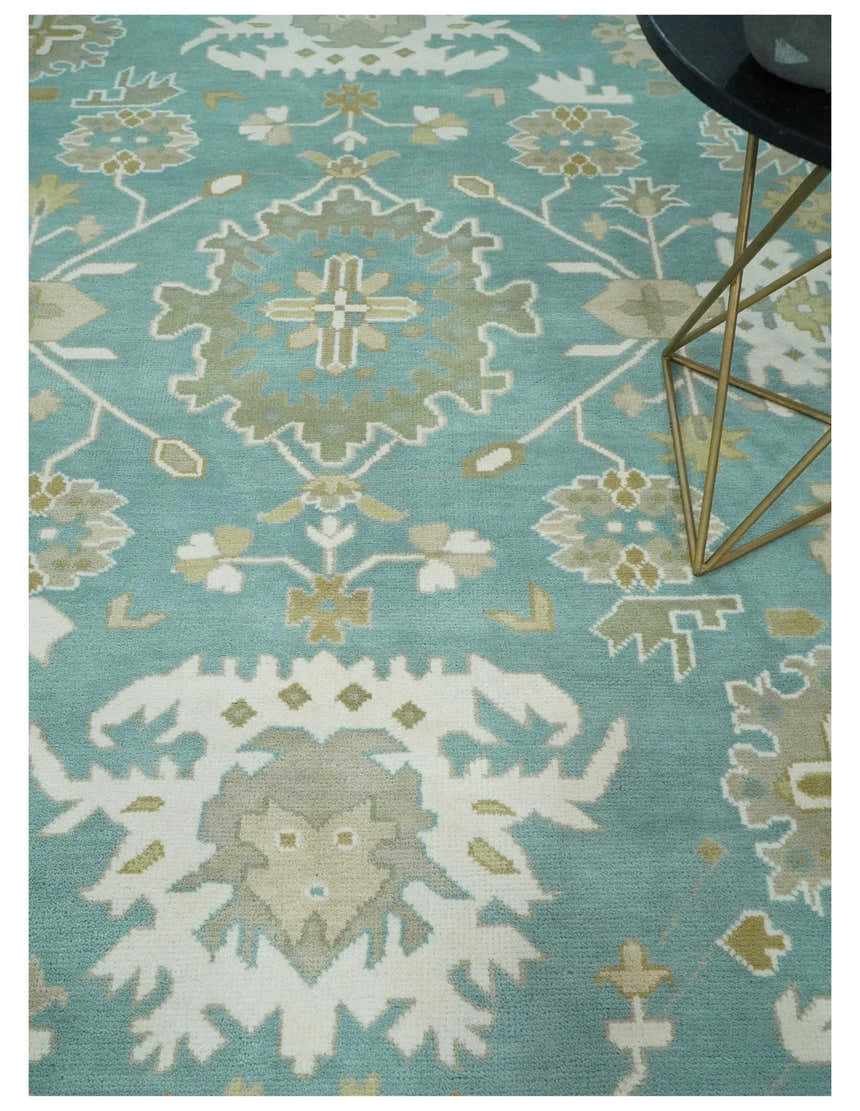 Hand Knotted Oriental Oushak Teal, Ivory and Beige Wool Area Rug