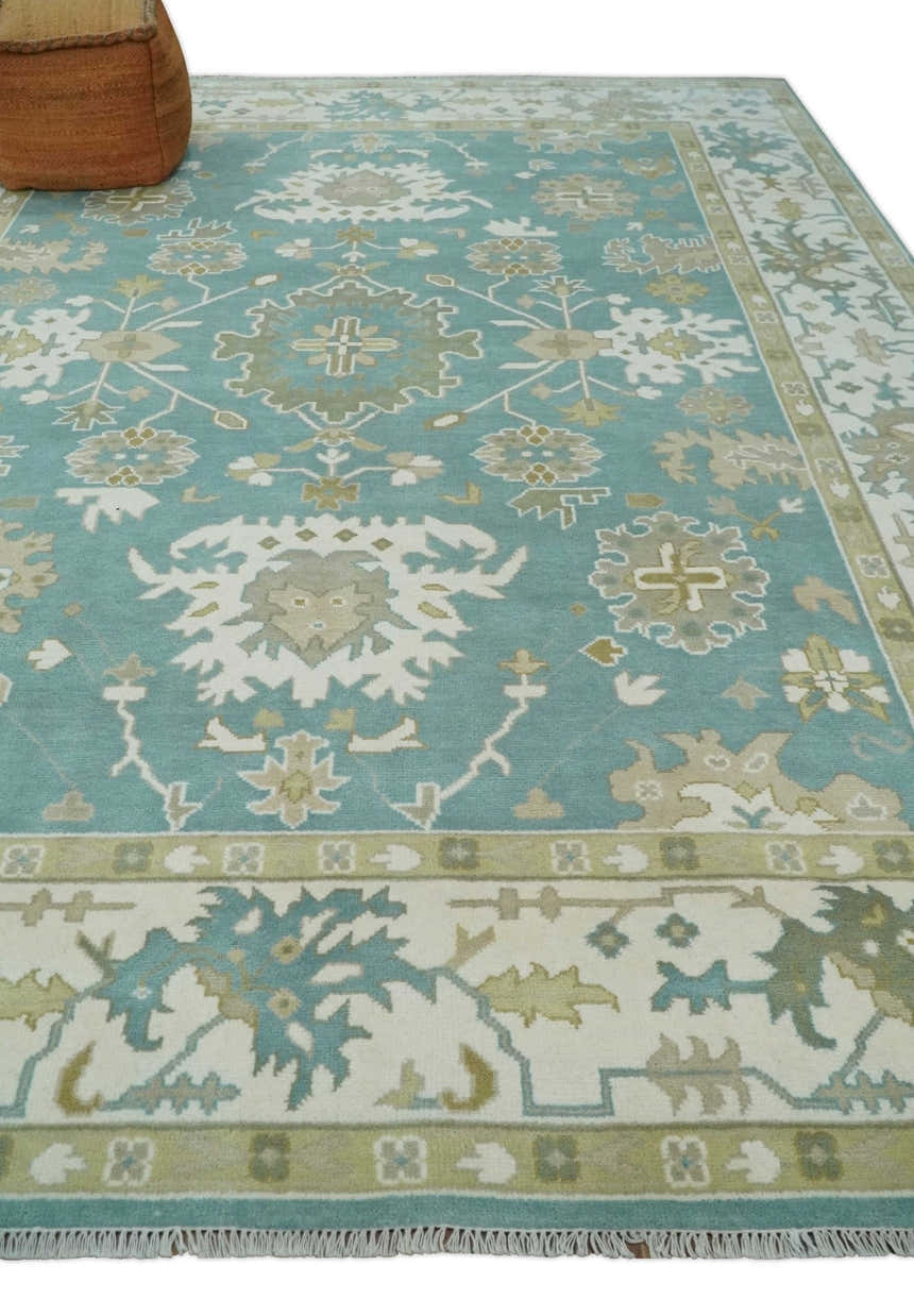 Hand Knotted Oriental Oushak Teal, Ivory and Beige Wool Area Rug