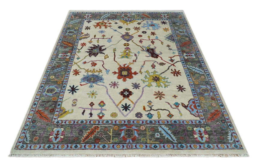 Hand Knotted Ivory, Gray and Blue Traditional Oushak Multi Size Wool Area Rug