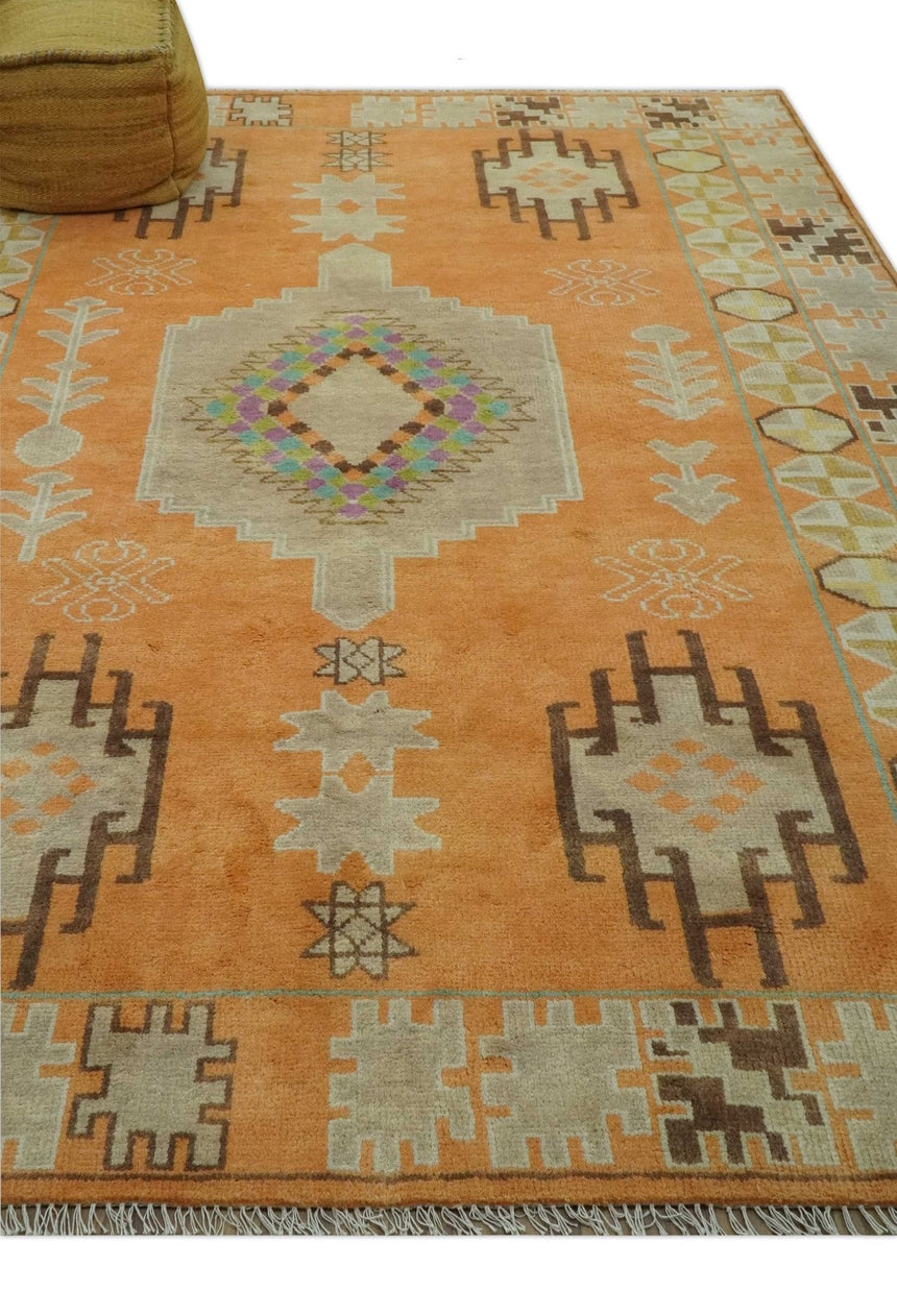 Hand Knotted Peach and Beige Traditional Southwestern Multi Size wool area rug
