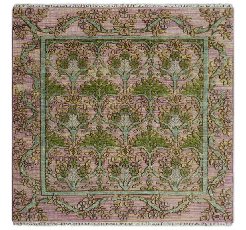 Hand Knotted Pink, Green and Beige Floral Traditional Antique Style Wool Area Rug