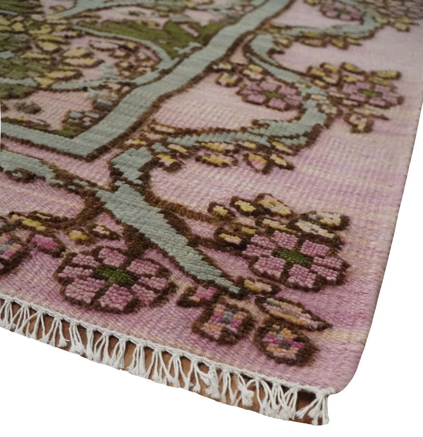 Hand Knotted Pink, Green and Beige Floral Traditional Antique Style Wool Area Rug