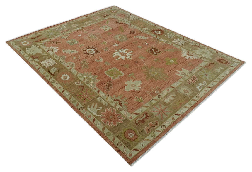 Hand Knotted Rust, Olive and Ivory Traditional Oushak Vintage Style Wool Rug