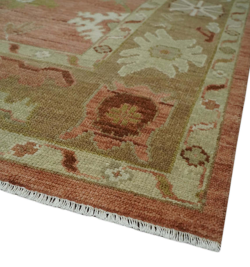 Hand Knotted Rust, Olive and Ivory Traditional Oushak Vintage Style Wool Rug