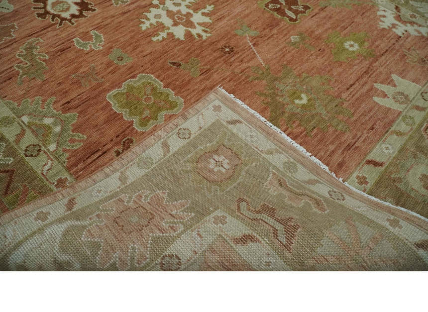 Hand Knotted Rust, Olive and Ivory Traditional Oushak Vintage Style Wool Rug