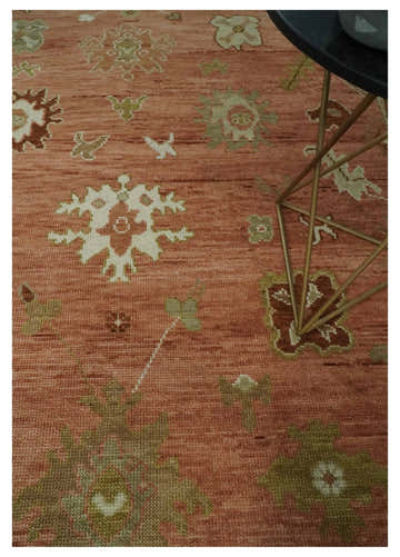 Hand Knotted Rust, Olive and Ivory Traditional Oushak Vintage Style Wool Rug