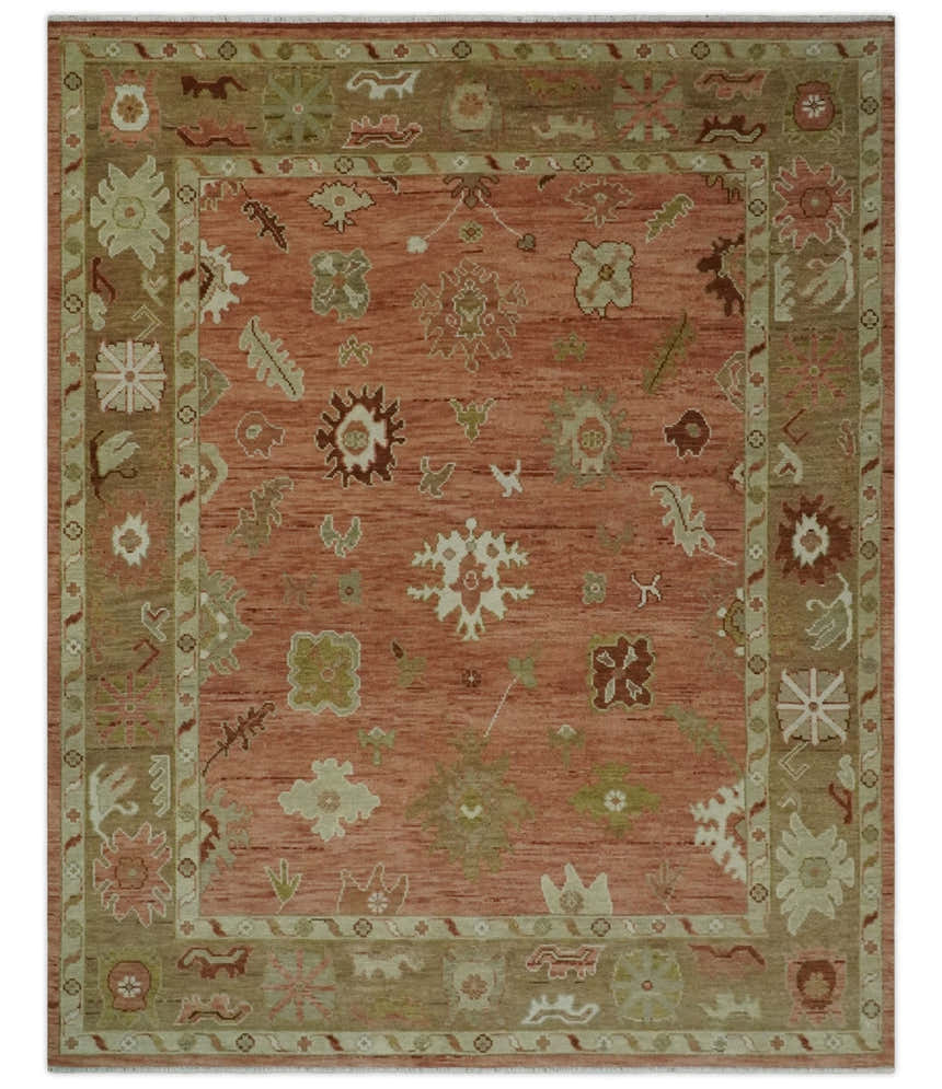 Hand Knotted Rust, Olive and Ivory Traditional Oushak Vintage Style Wool Rug
