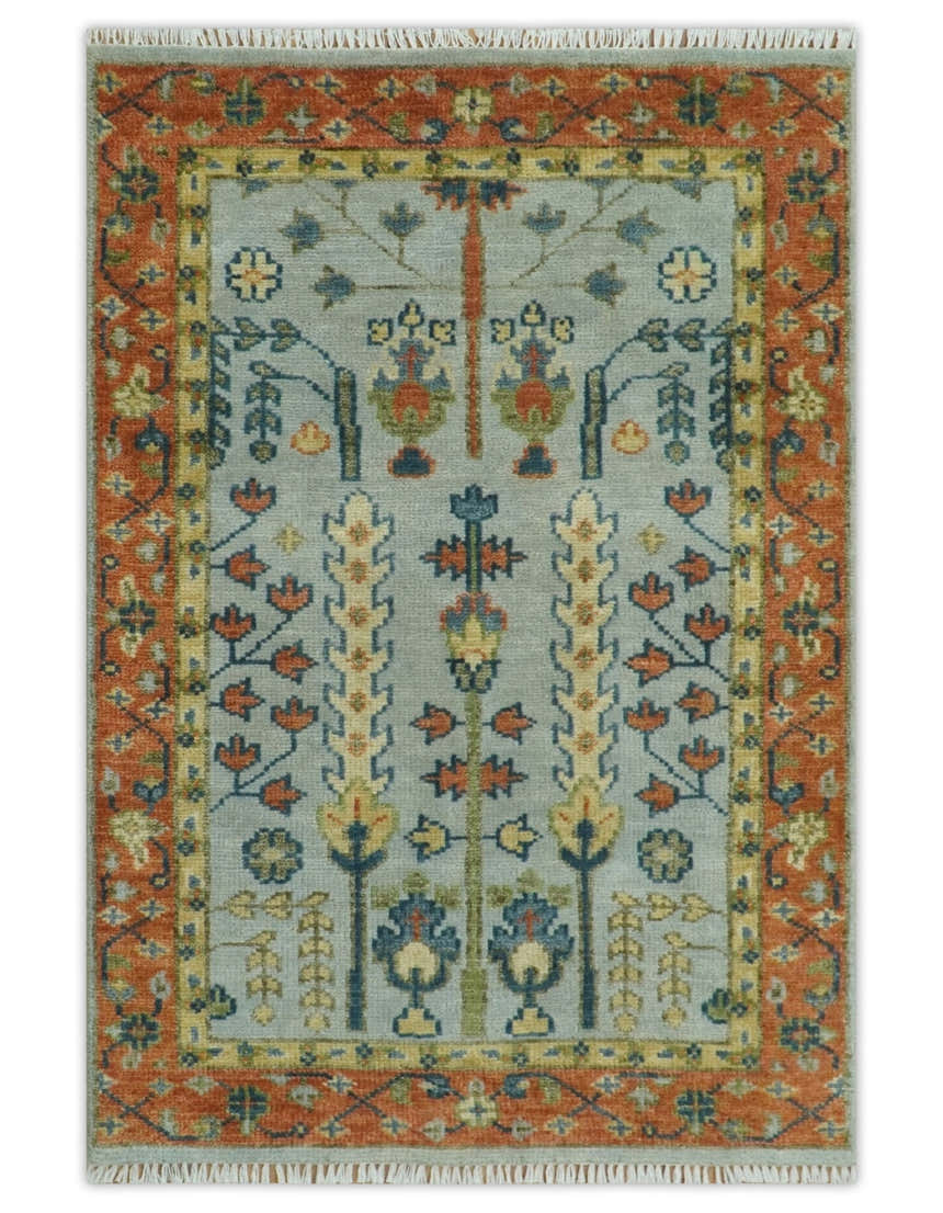 Hand Knotted Rust and Blue Traditional Turkish Vintage Multi Size Wool Rug