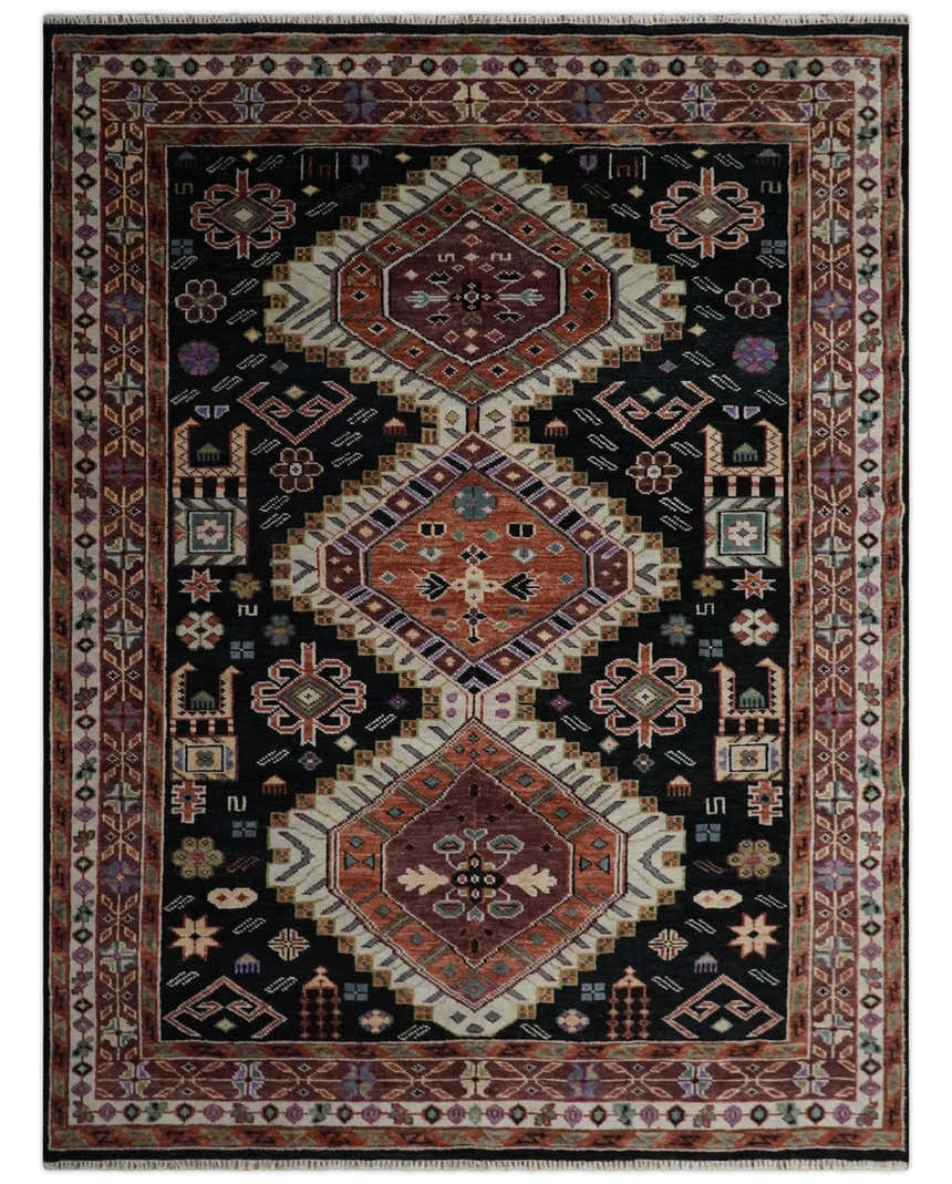Hand Knotted Rust, Ivory and Black Traditional Heriz Wool Area Rug