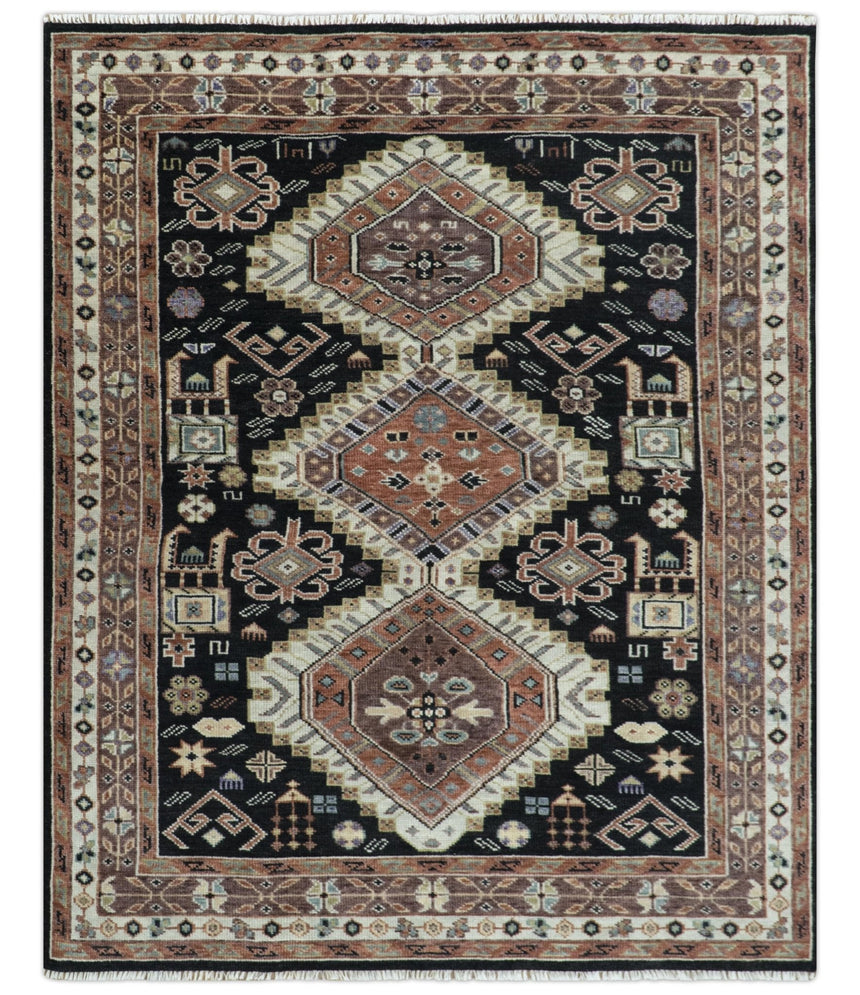 Hand Knotted Rust, Ivory and Black Traditional Heriz Wool Area Rug