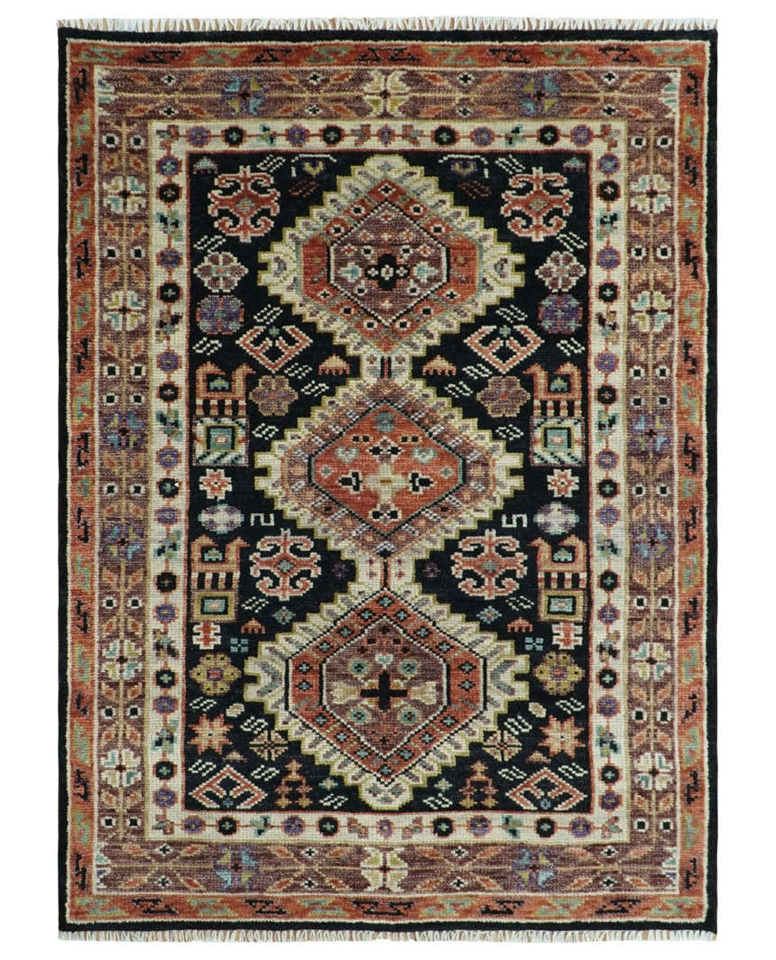 Hand Knotted Rust, Ivory and Black Traditional Heriz Wool Area Rug