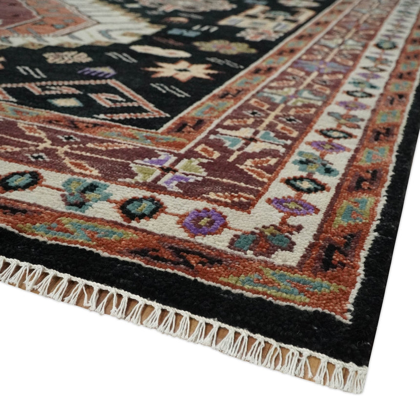 Hand Knotted Rust, Ivory and Black Traditional Heriz Wool Area Rug