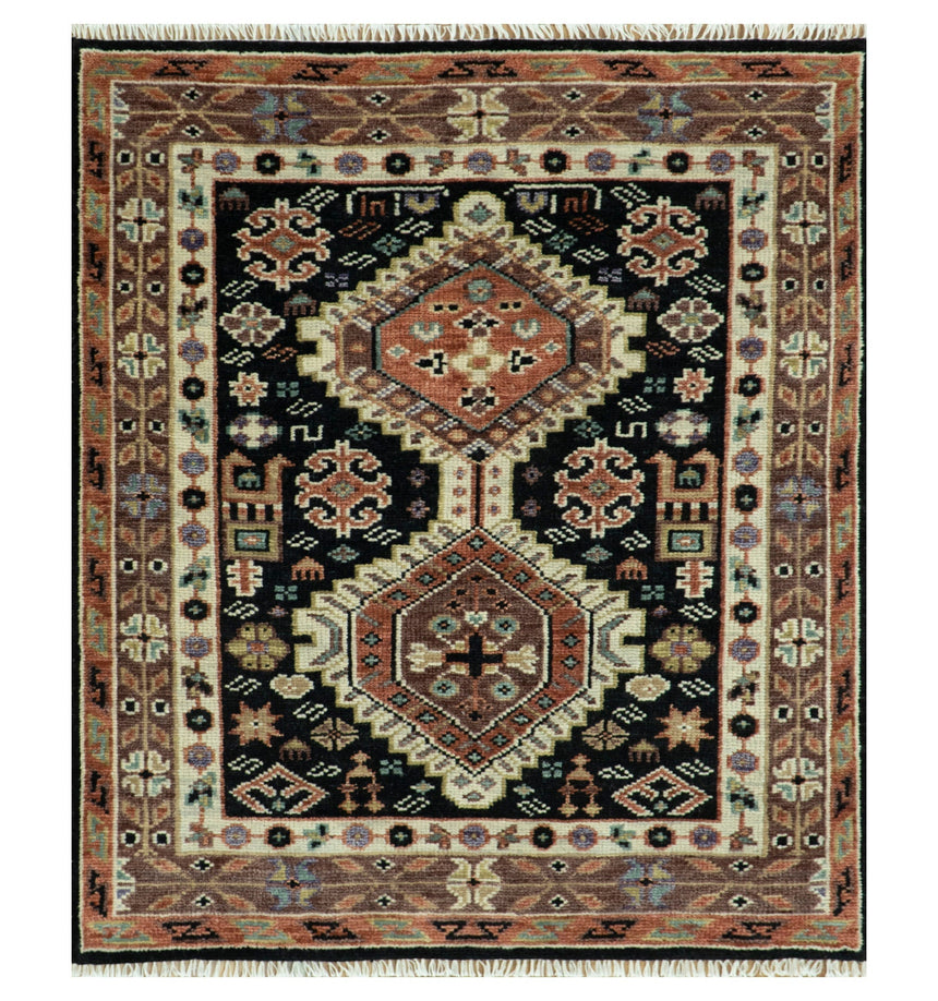 Hand Knotted Rust, Ivory and Black Traditional Heriz Wool Area Rug