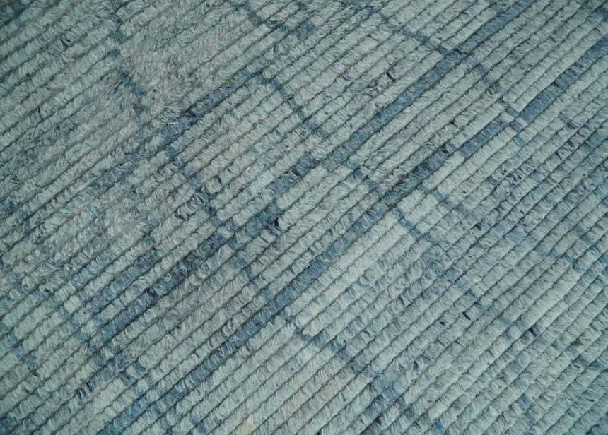 Hand Knotted Silver and Blue Modern Trellis Moroccan Rug Made with Blended Wool Multi Size Rug