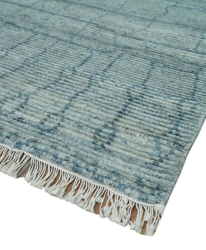 Hand Knotted Silver and Blue Modern Trellis Moroccan Rug Made with Blended Wool Multi Size Rug
