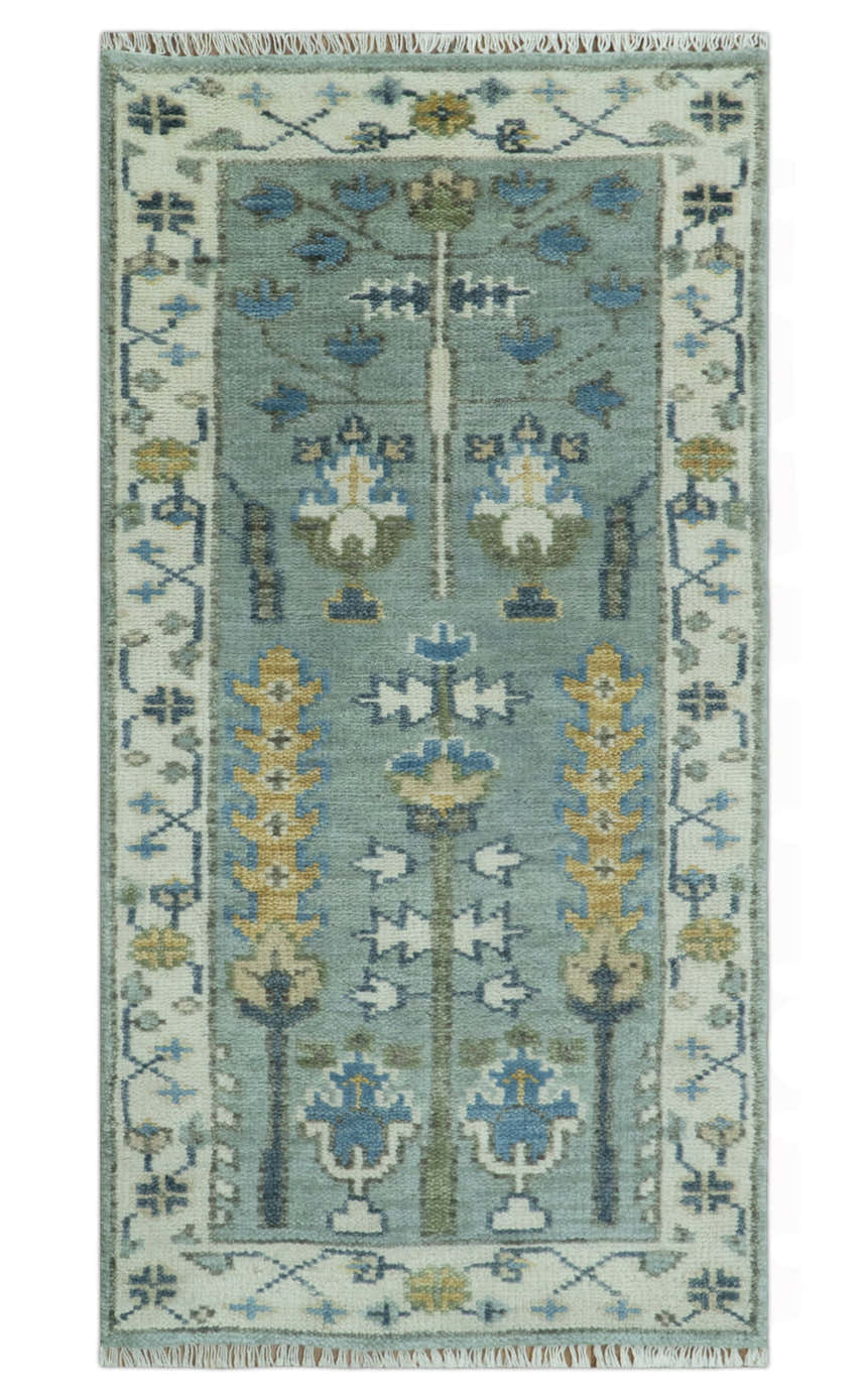Hand Knotted Traditional Blue and Ivory Antique Oushak Custom Made Wool Area Rug