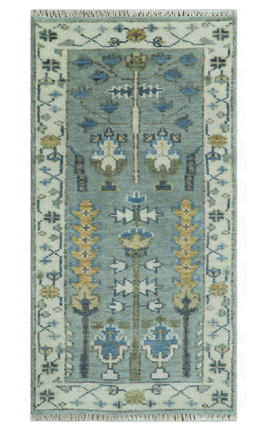 Hand Knotted Traditional Blue and Ivory Antique Oushak Custom Made Wool Area Rug